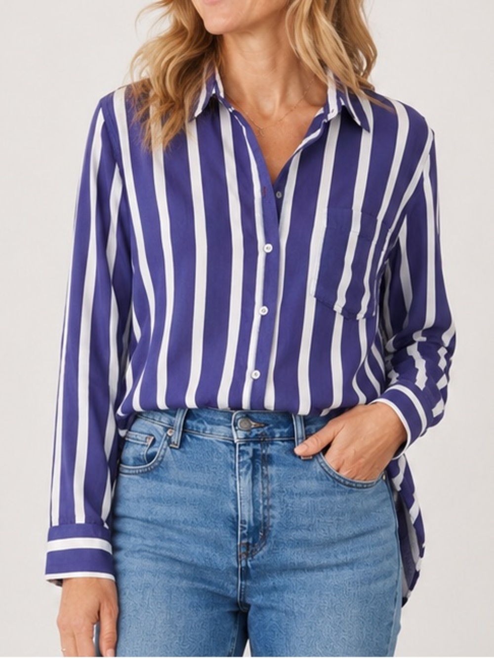 Amanda Green Rayon Blue White Stripe Button Front Blouse Women’s Large Nautical